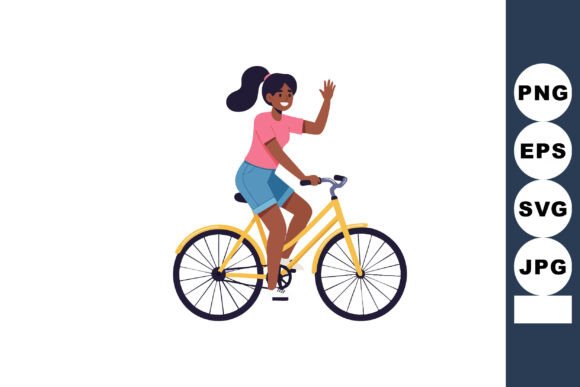 Capturing Motion and Joy: The Woman Riding Yellow Bicycle Waving Hand Illustration